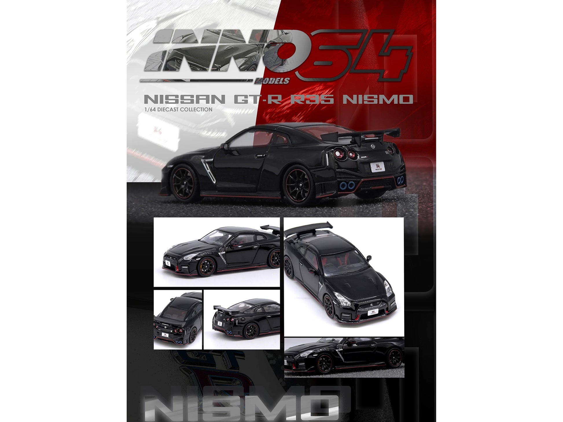 Nissan GT-R (R35) Nismo RHD (Right Hand Drive) Nismo Black with Carbon Hood and Top 1/64 Diecast Model Car by Inno Models