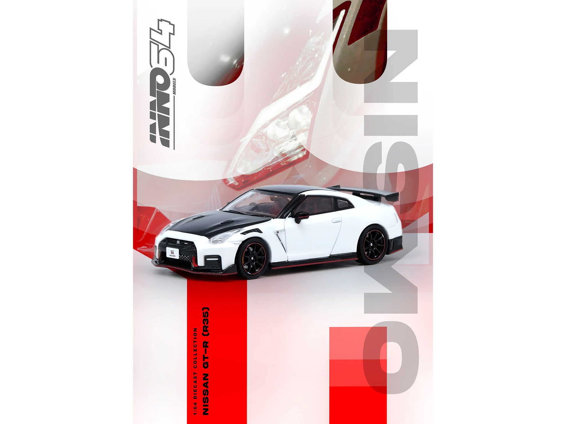 Nissan GT-R (R35) Nismo RHD (Right Hand Drive) White with Carbon Hood and Top 1/64 Diecast Model Car by Inno Models
