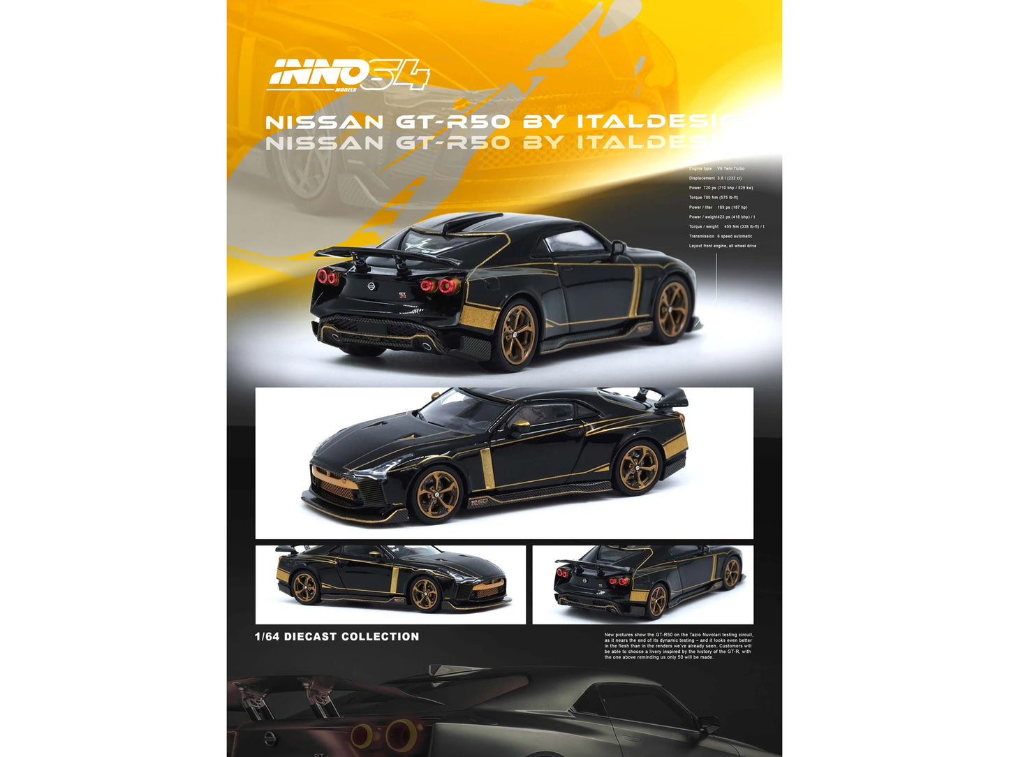 Nissan GT-R50 By ItalDesign Black with Gold Accents and Carbon Hood 1/64 Diecast Model Car by Inno Models