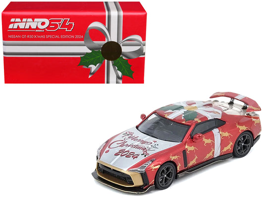 Nissan GT-R50 By ItalDesign RHD (Right Hand Drive) "Christmas 2024 Special Edition" Red Metallic with Christmas Graphics 1/64 Diecast Model Car by Inno Models