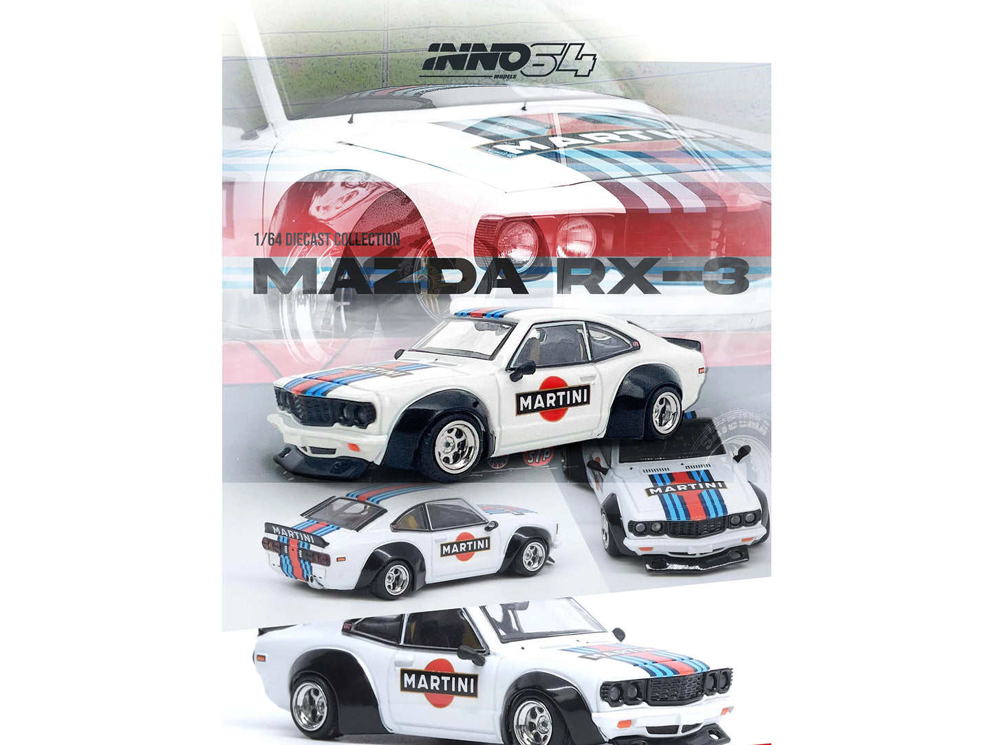 Mazda RX-3 Savanna RHD (Right Hand Drive) "Martini Racing Livery" White with Red and Blue Stripes 1/64 Diecast Model Car by Inno Models