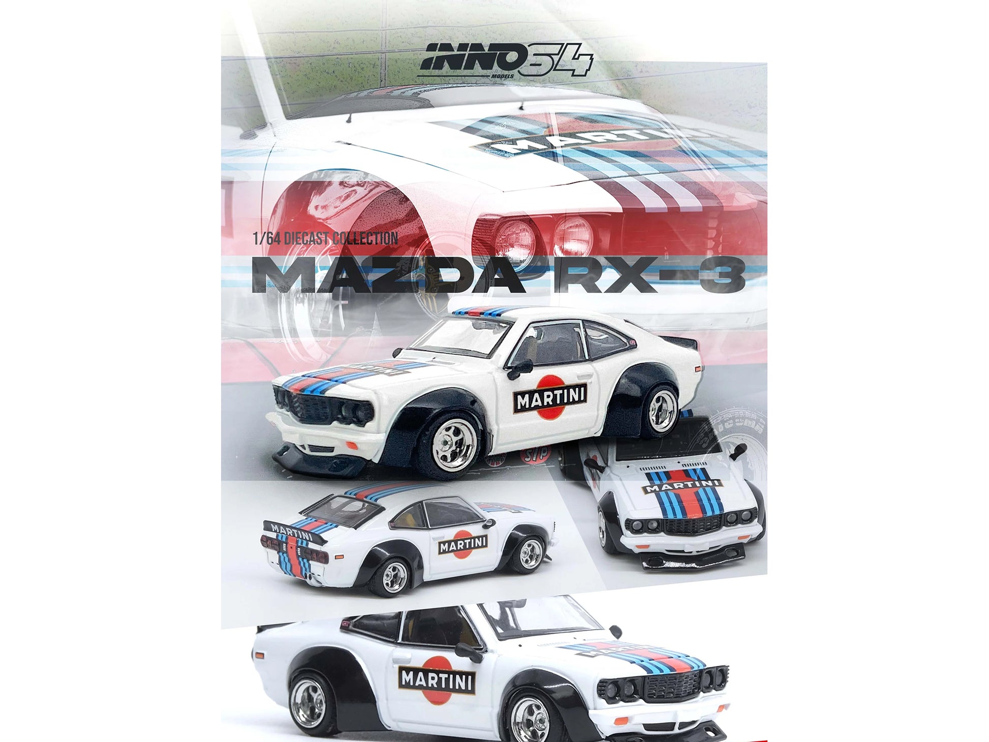 Mazda RX-3 Savanna RHD (Right Hand Drive) "Martini Racing Livery" White with Red and Blue Stripes 1/64 Diecast Model Car by Inno Models
