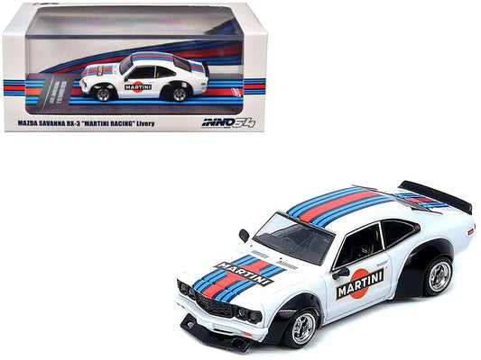 Mazda RX-3 Savanna RHD (Right Hand Drive) "Martini Racing Livery" White with Red and Blue Stripes 1/64 Diecast Model Car by Inno Models
