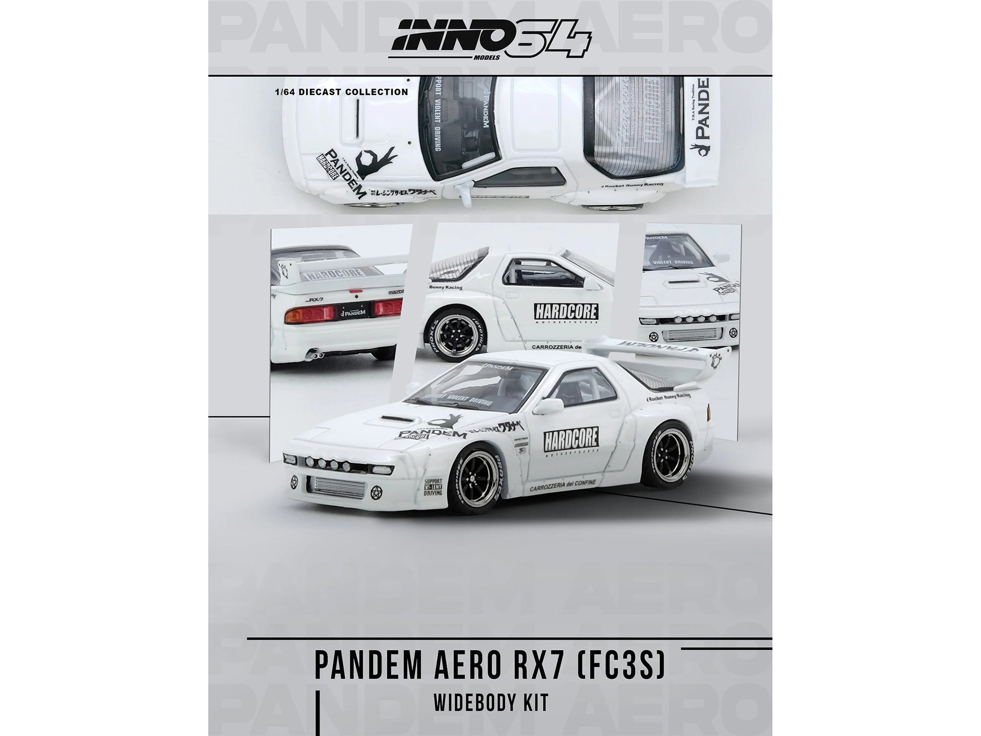 Mazda RX7 (FC3S) "Pandem Aero" Widebody Kit White with Graphics 1/64 Diecast Model Car by Inno Models