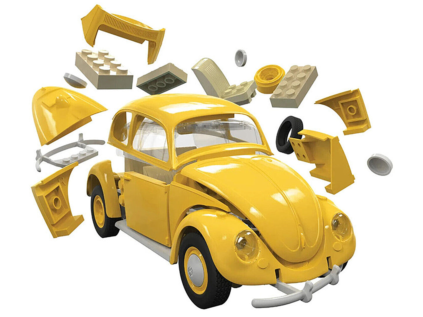 Skill 1 Model Kit Old Volkswagen Beetle Yellow Snap Together Model by Airfix Quickbuild