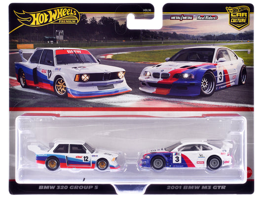 BMW 320 Group 5 #12 White with Stripes and 2001 BMW M3 GTR #3 White with Stripes "Car Culture" Set of 2 Cars Diecast Model Cars by Hot Wheels