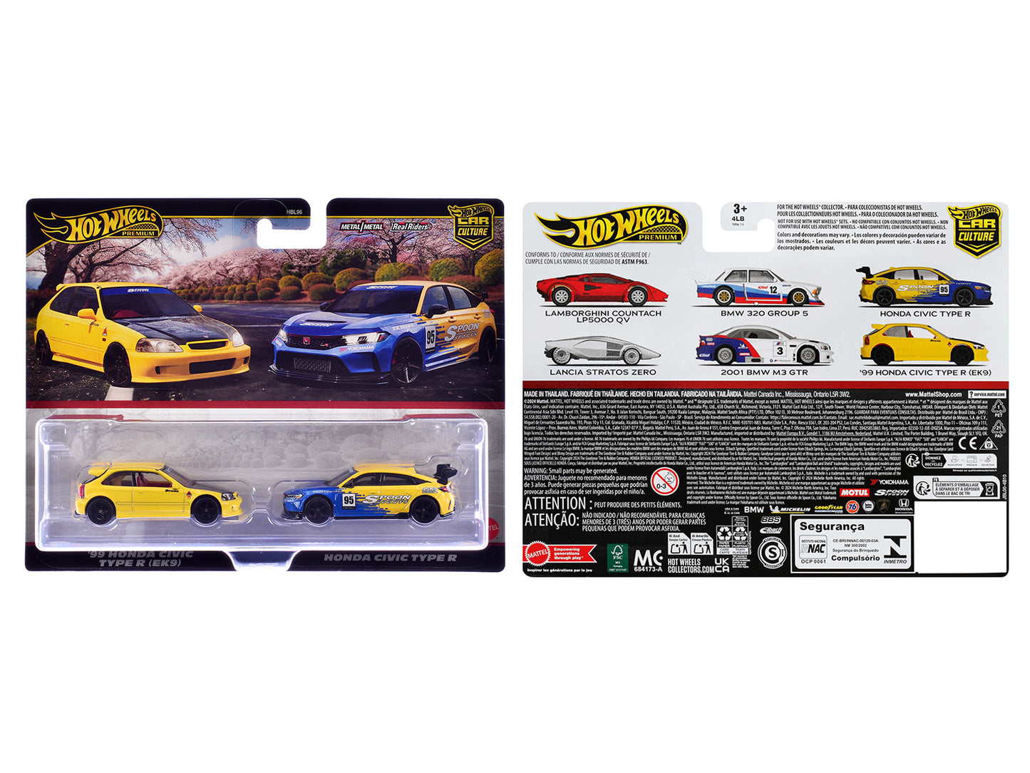 1999 Honda Civic Type R (EK9) RHD (Right Hand Drive) Yellow with Red Interior and Honda Civic Type R #95 "Spoon Sports" Blue and Yellow "Car Culture" Set of 2 Cars Diecast Model Cars by Hot Wheels