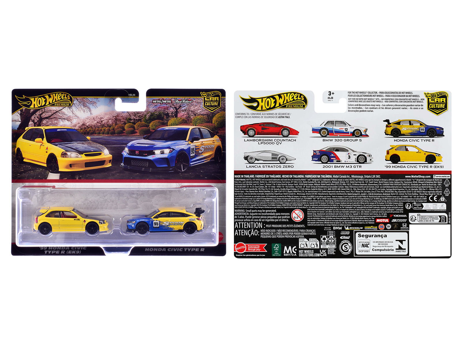 1999 Honda Civic Type R (EK9) RHD (Right Hand Drive) Yellow with Red Interior and Honda Civic Type R #95 "Spoon Sports" Blue and Yellow "Car Culture" Set of 2 Cars Diecast Model Cars by Hot Wheels
