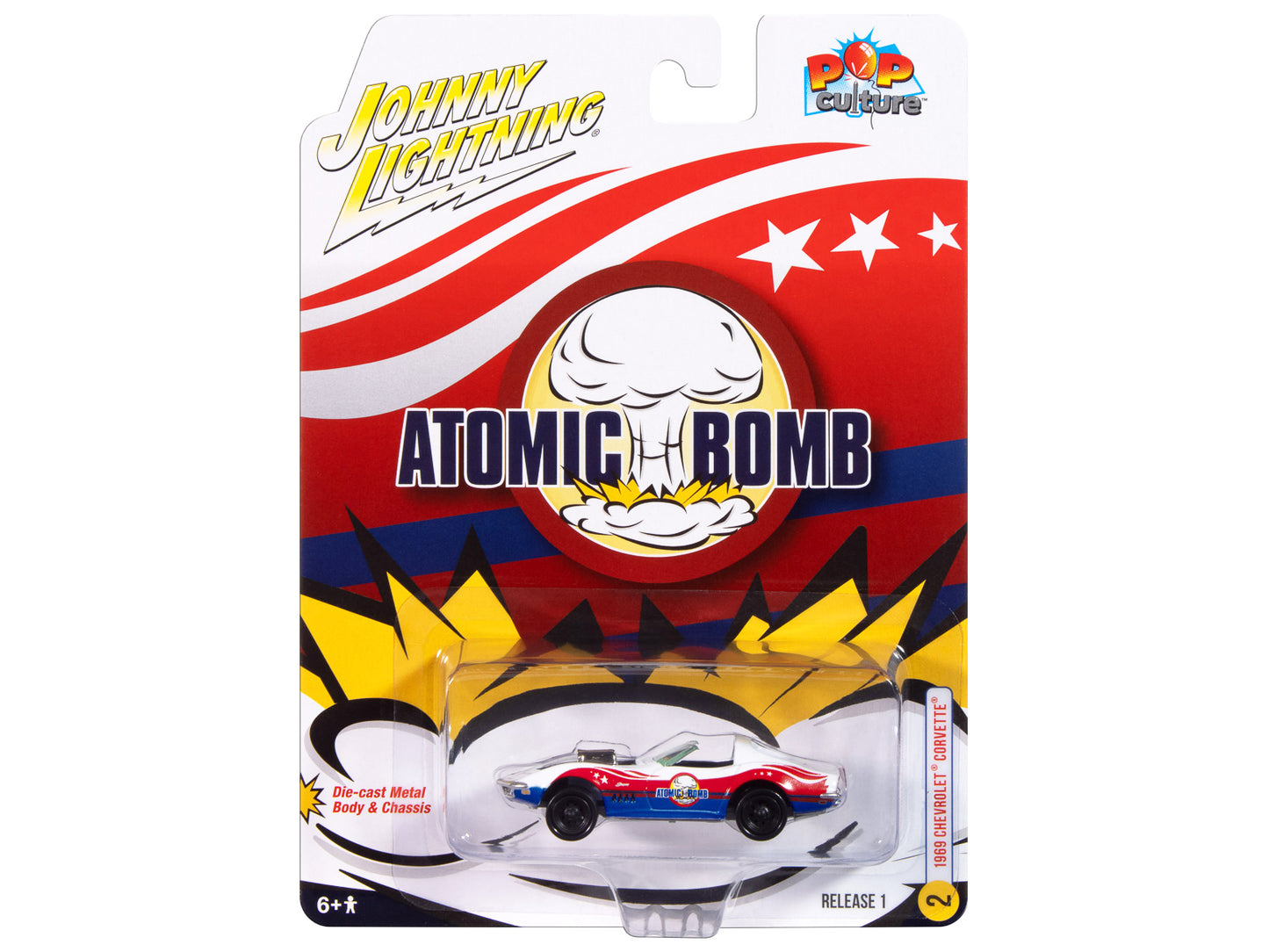 1969 Chevrolet Corvette "Atomic Bomb" White with Red and Blue Graphics "Stuntman Mike's Ride Along Racing" "Pop Culture" 2025 Release 1 1/64 Diecast Model Car by Johnny Lightning