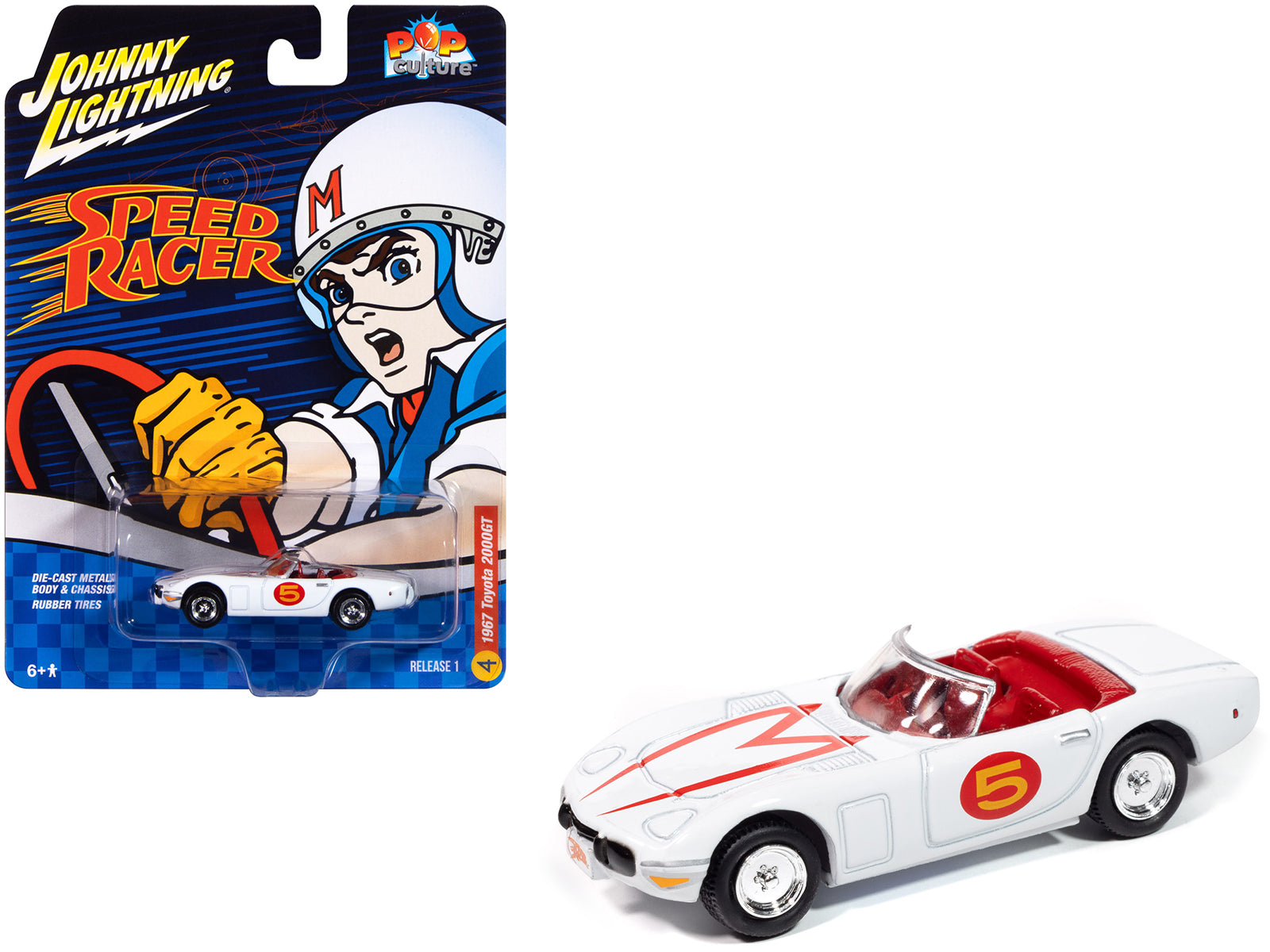 1967 Toyota 2000GT "Mach 5 Tribute" #5 White with Red Interior "Speed Racer" "Pop Culture" 2025 Release 1 1/64 Diecast Model Car by Johnny Lightning