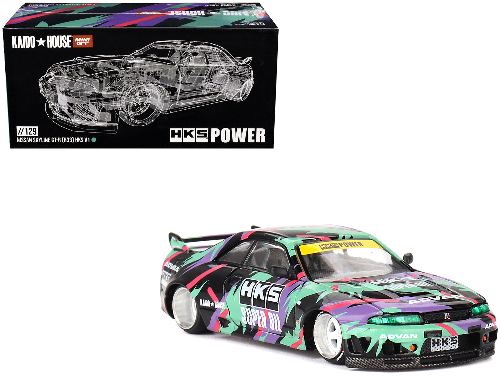 Nissan Skyline GT-R (R33) "HKS V1" RHD (Right Hand Drive) Black with Graphics (Designed by Jun Imai) "Kaido House" Special 1/64 Diecast Model Car by Mini GT