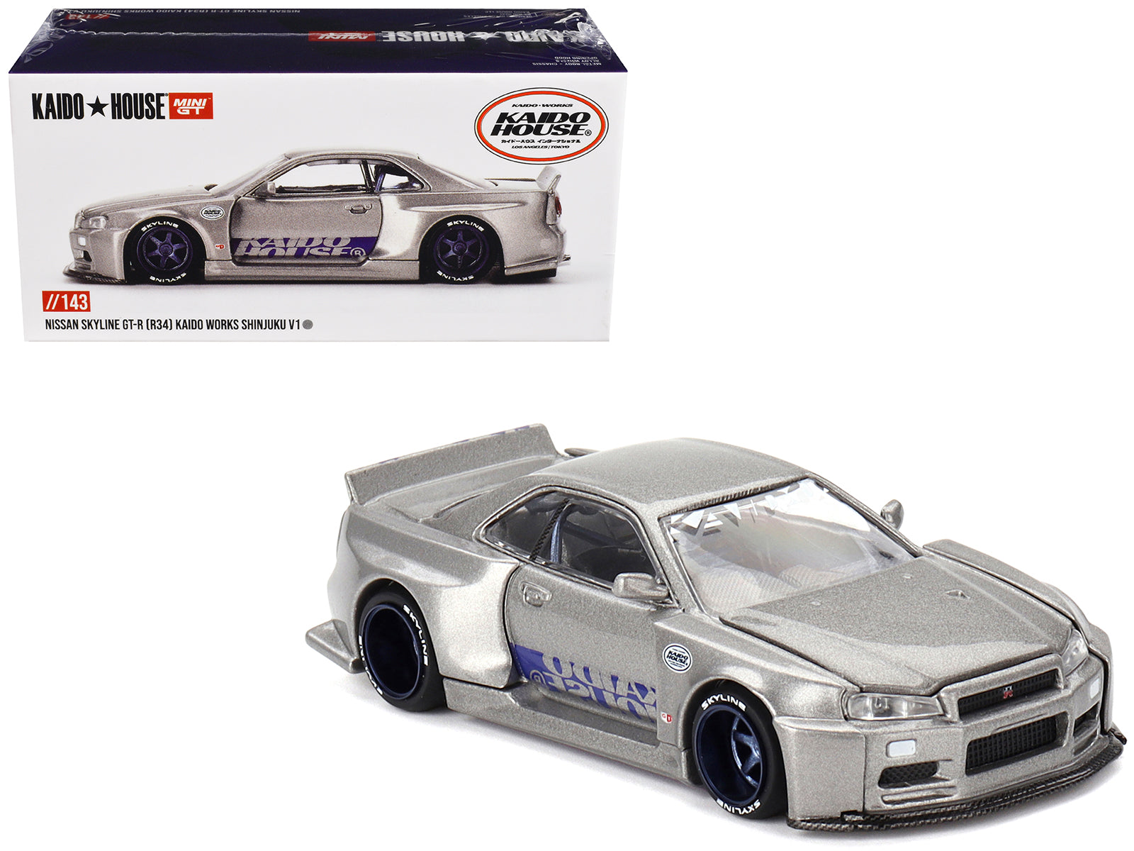 Nissan Skyline GT-R (R34) "Kaido Works Shinjuku V1" RHD (Right Hand Drive) Silver Metallic (Designed by Jun Imai) "Kaido House" Special 1/64 Diecast Model Car by Mini GT