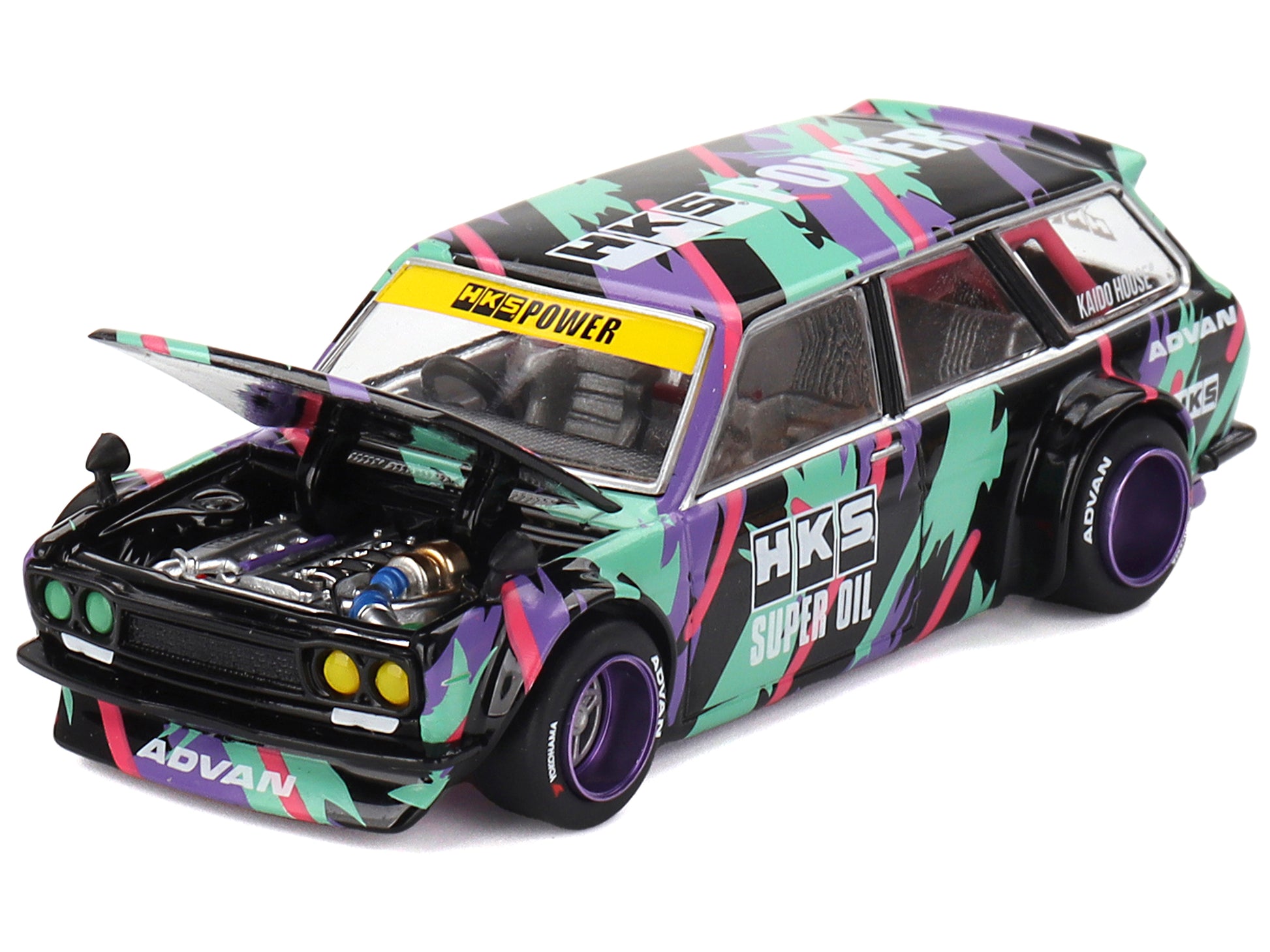 Datsun 510 Wagon RHD (Right Hand Drive) "HKS V1" Black with Graphics (Designed by Jun Imai) "Kaido House" Special 1/64 Diecast Model Car by Mini GT