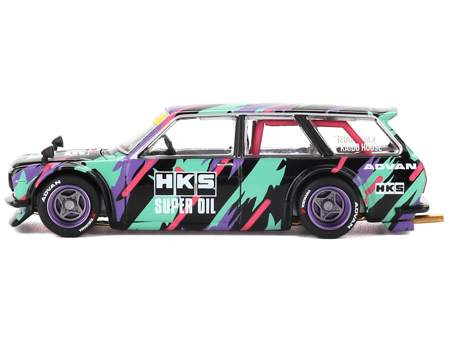 Datsun 510 Wagon RHD (Right Hand Drive) "HKS V1" Black with Graphics (Designed by Jun Imai) "Kaido House" Special 1/64 Diecast Model Car by Mini GT