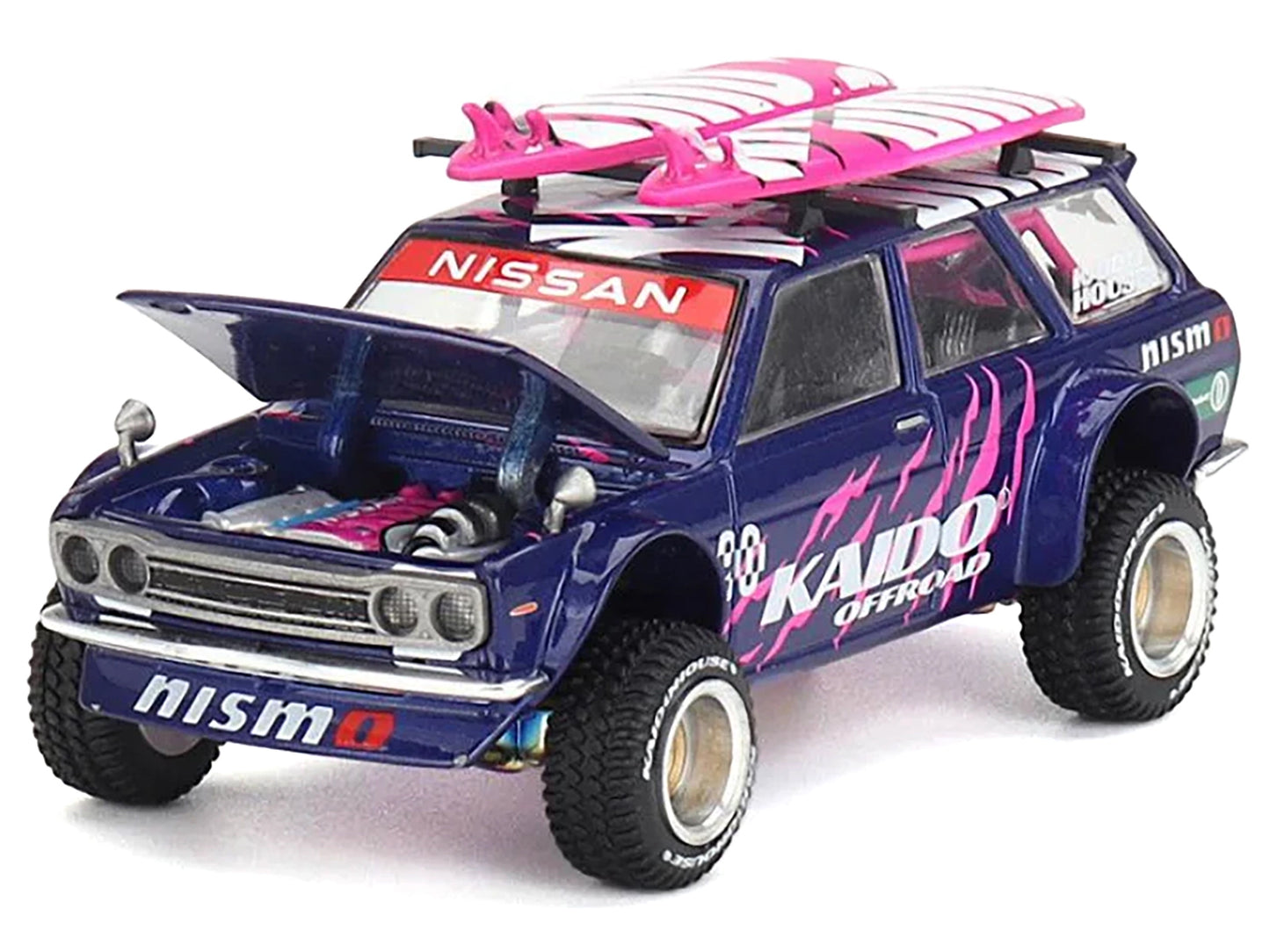 Datsun Kaido 510 Wagon 4x4 RHD (Right Hand Drive) #90 "Kaido Offroad V2" Purple with Pink Graphics and Surfboards on Roof (Designed by Jun Imai) "Kaido House" Special 1/64 Diecast Model Car by Mini GT