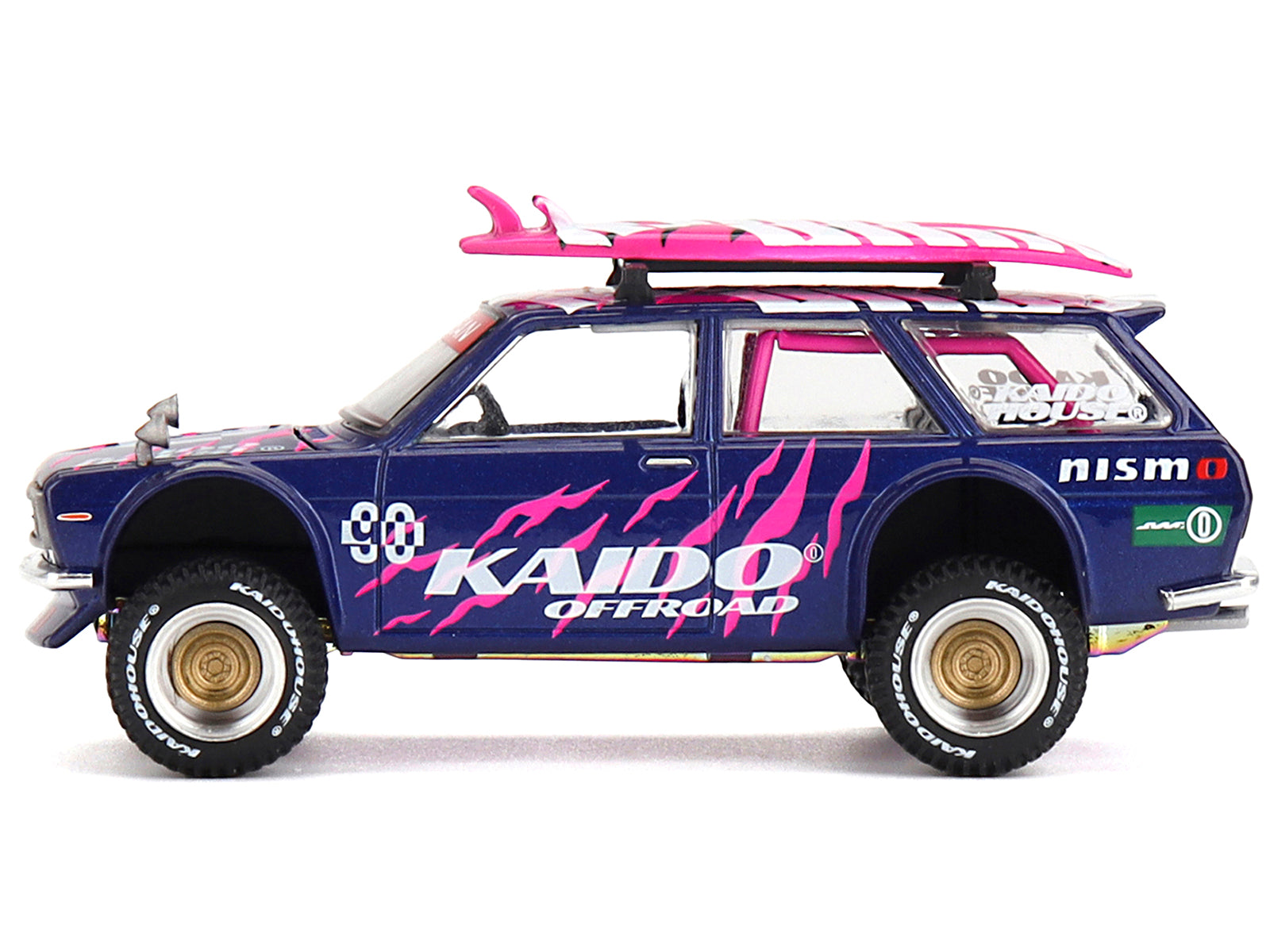 Datsun Kaido 510 Wagon 4x4 RHD (Right Hand Drive) #90 "Kaido Offroad V2" Purple with Pink Graphics and Surfboards on Roof (Designed by Jun Imai) "Kaido House" Special 1/64 Diecast Model Car by Mini GT