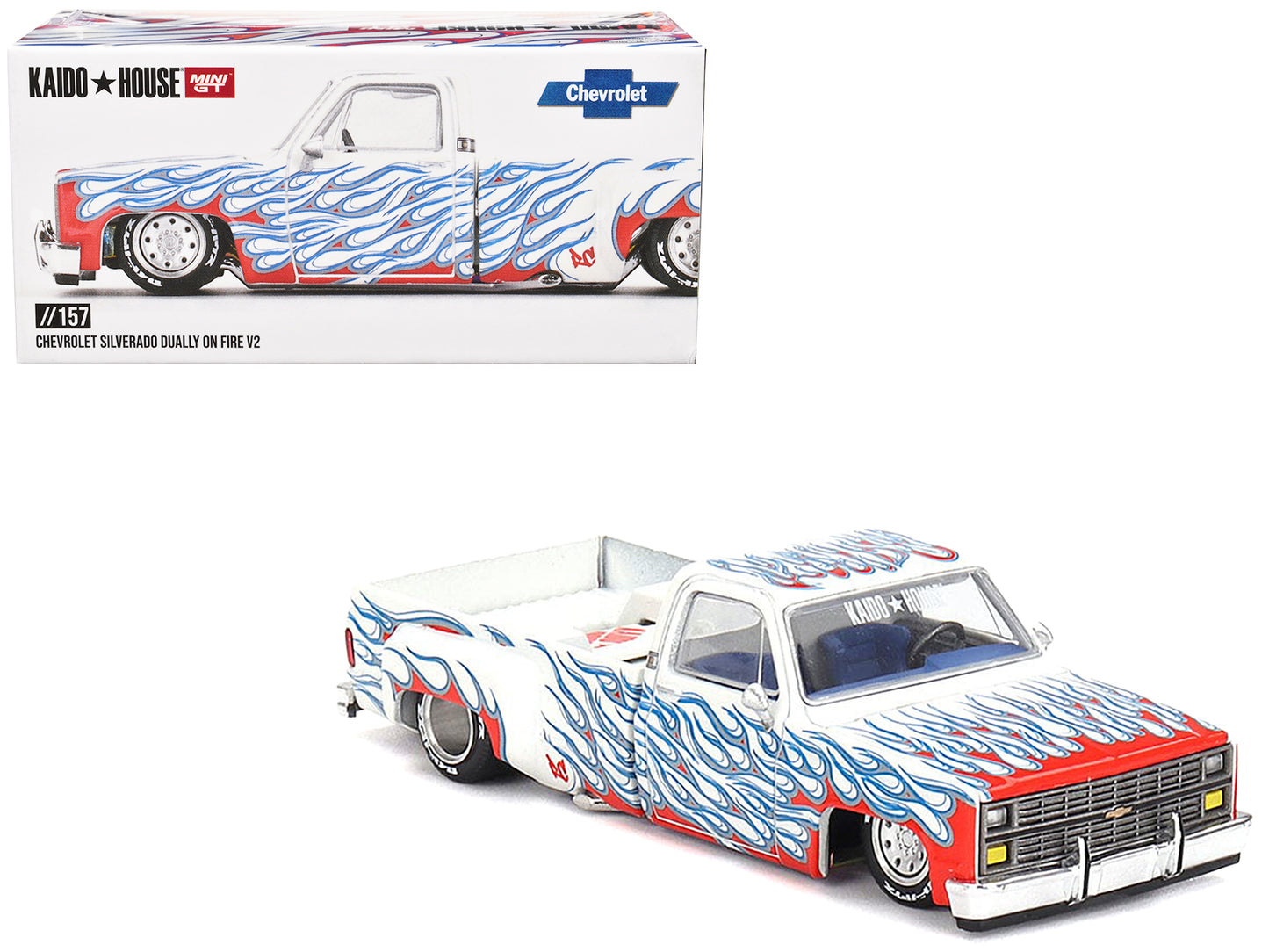 Chevrolet Silverado Dually Pickup Truck "On Fire V2" White Metallic with Blue Flames and Blue Interior (Designed by Jun Imai) "Kaido House" Special 1/64 Diecast Model Car by Mini GT