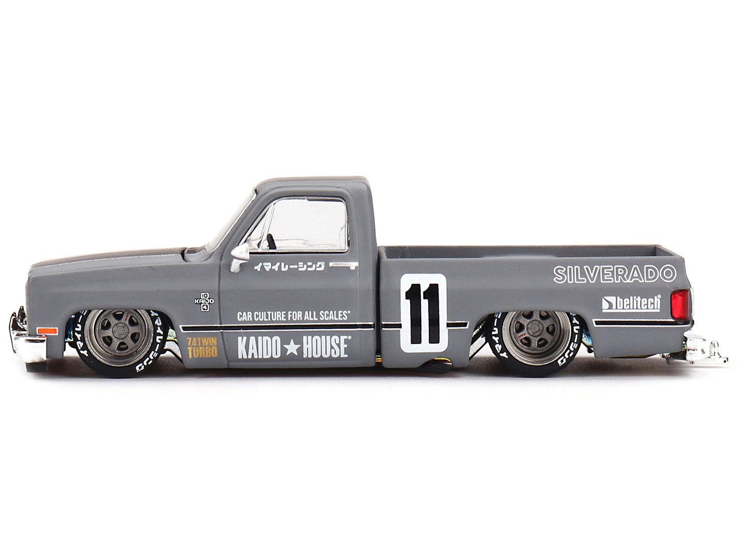Chevrolet Silverado "KAIDO V2" Pickup Truck #11 Gray with Black Stripes (Designed by Jun Imai) "Kaido House" Special 1/64 Diecast Model Car by Mini GT