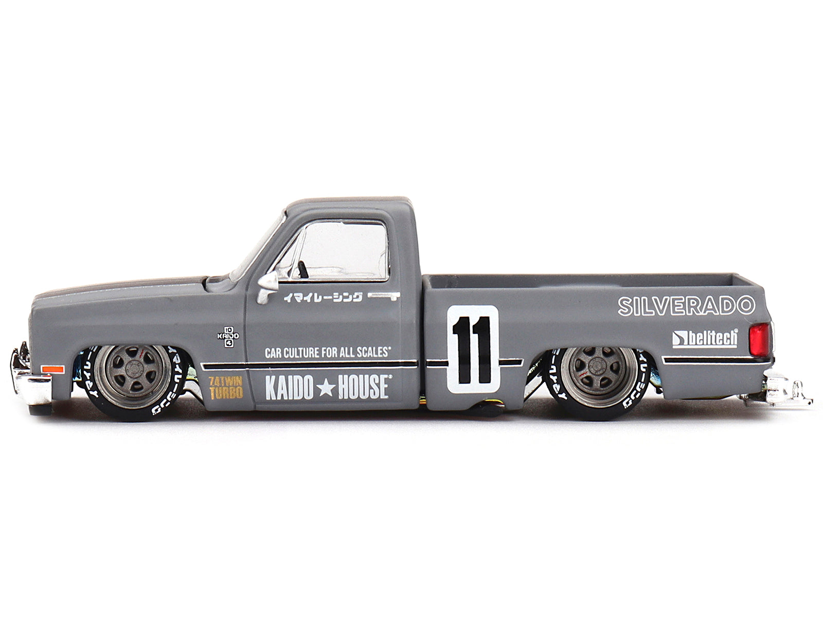 Chevrolet Silverado "KAIDO V2" Pickup Truck #11 Gray with Black Stripes (Designed by Jun Imai) "Kaido House" Special 1/64 Diecast Model Car by Mini GT