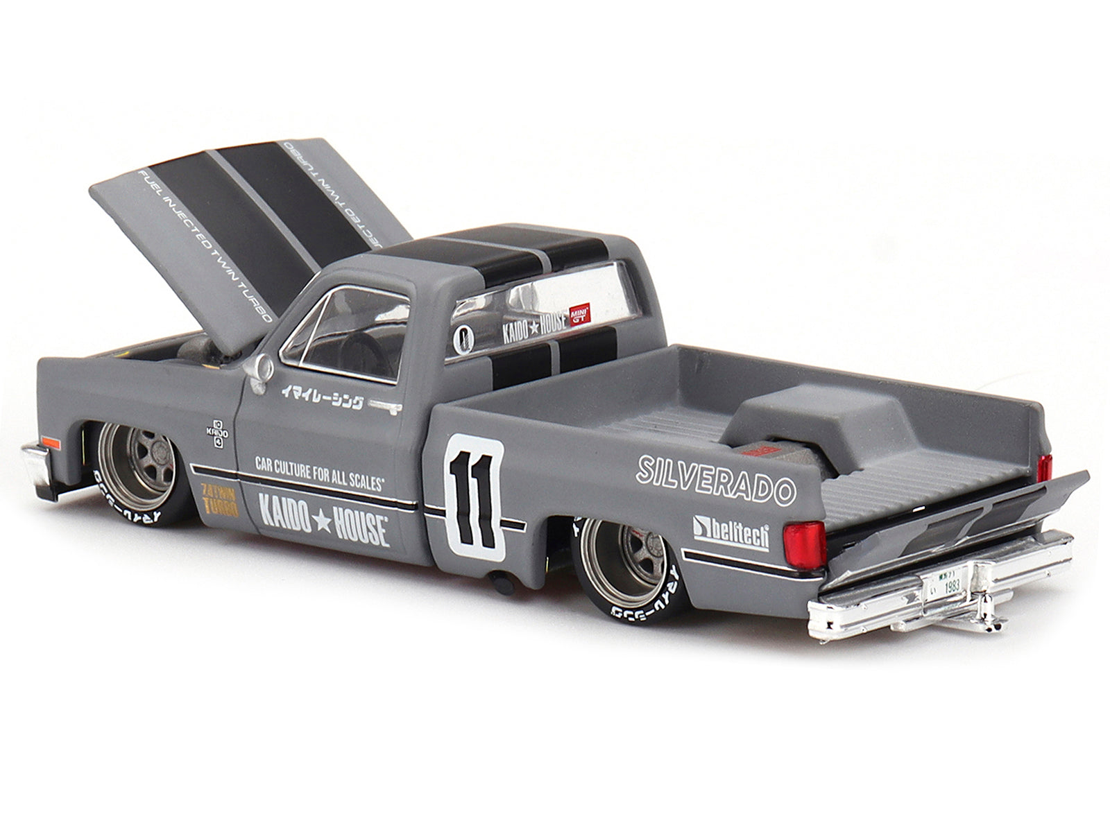 Chevrolet Silverado "KAIDO V2" Pickup Truck #11 Gray with Black Stripes (Designed by Jun Imai) "Kaido House" Special 1/64 Diecast Model Car by Mini GT