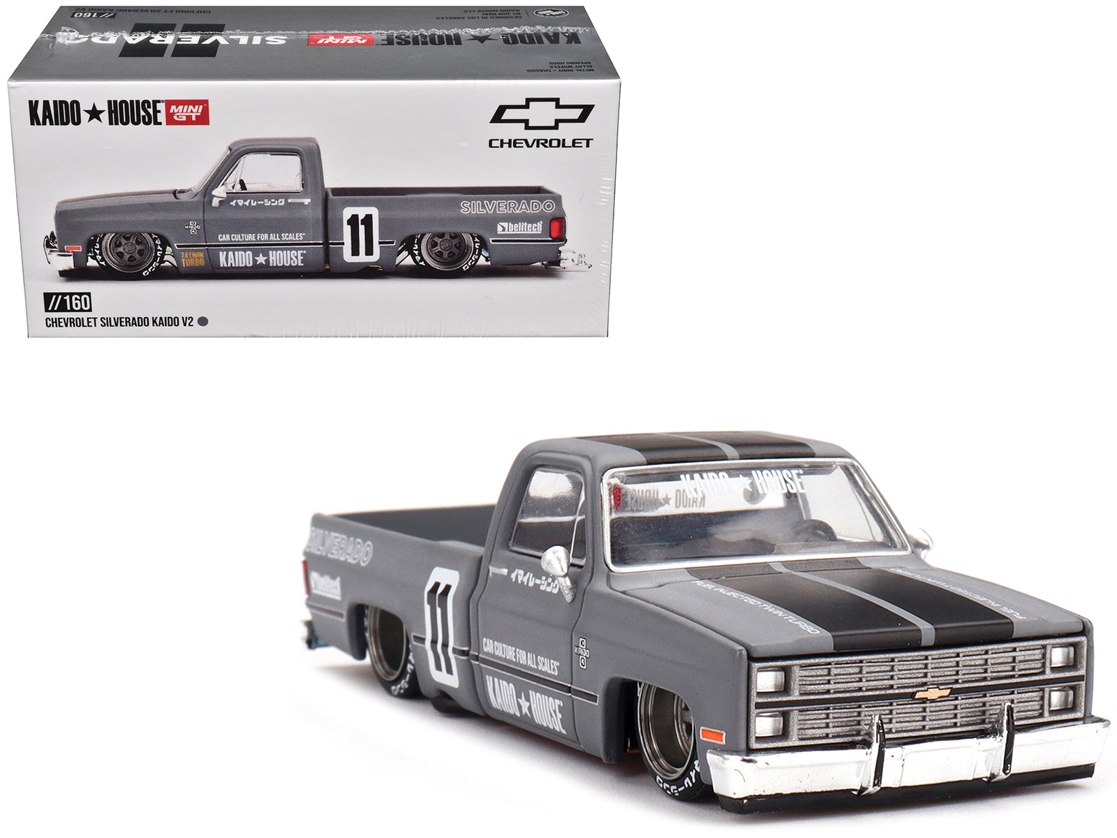 Chevrolet Silverado "KAIDO V2" Pickup Truck #11 Gray with Black Stripes (Designed by Jun Imai) "Kaido House" Special 1/64 Diecast Model Car by Mini GT