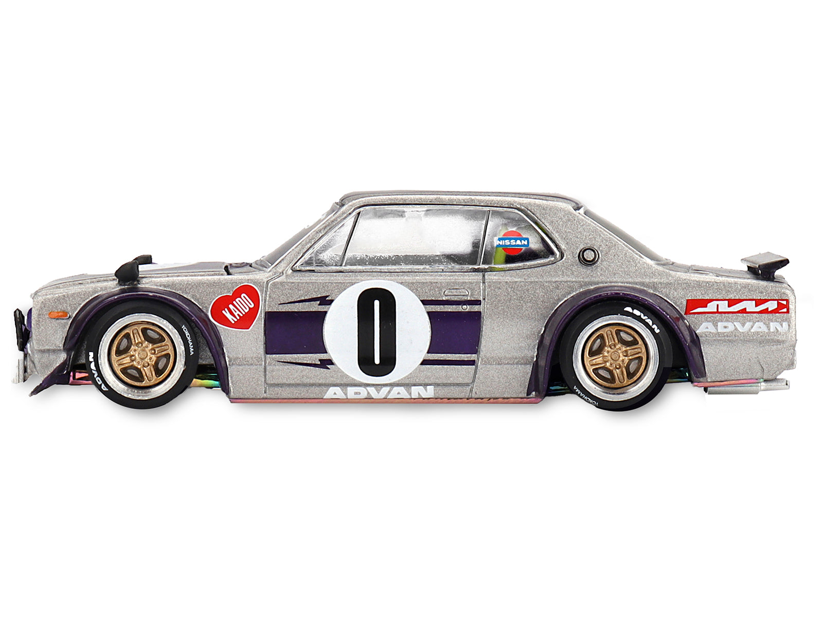Nissan Skyline 2000GT-R (KPGC10) "Kaido Works V1" RHD (Right Hand Drive) #0 Silver Metallic with Purple Stripes (Designed by Jun Imai) "Kaido House" Special 1/64 Diecast Model Car by Mini GT