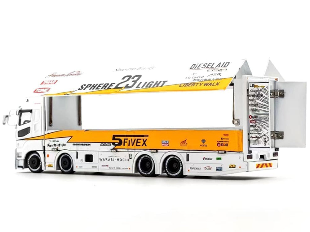 Mitsubishi Fuso Super Great Transporter RHD (Right Hand Drive) #23 "Liberty Walk LB-Trucks" White with Yellow Stripes and Graphics 1/64 Diecast Model by GCD