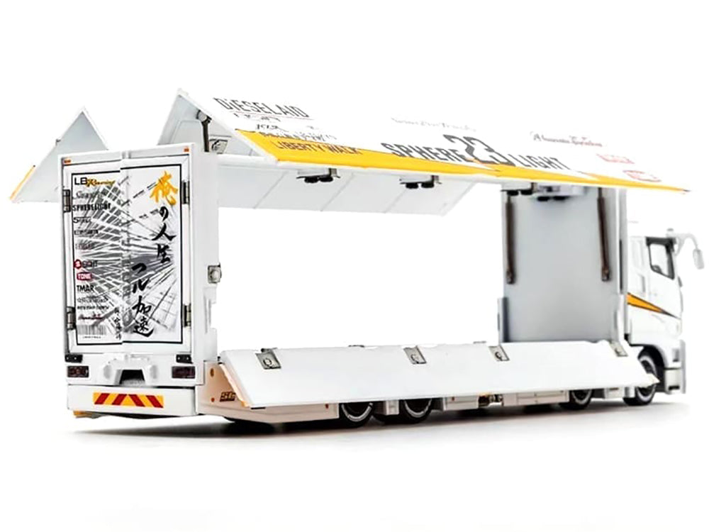 Mitsubishi Fuso Super Great Transporter RHD (Right Hand Drive) #23 "Liberty Walk LB-Trucks" White with Yellow Stripes and Graphics 1/64 Diecast Model by GCD