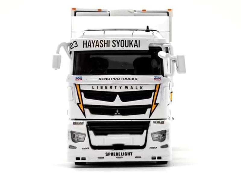 Mitsubishi Fuso Super Great Transporter RHD (Right Hand Drive) #23 "Liberty Walk LB-Trucks" White with Yellow Stripes and Graphics 1/64 Diecast Model by GCD