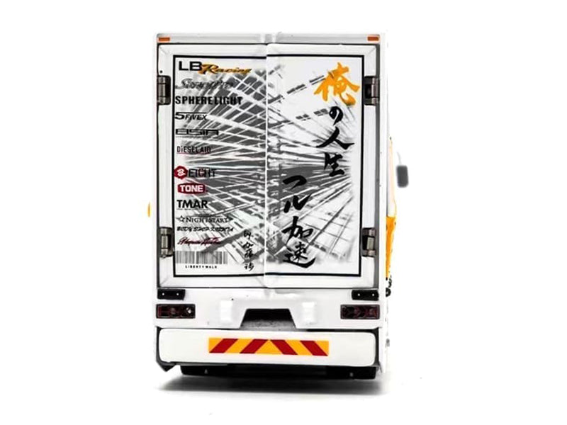 Mitsubishi Fuso Super Great Transporter RHD (Right Hand Drive) #23 "Liberty Walk LB-Trucks" White with Yellow Stripes and Graphics 1/64 Diecast Model by GCD
