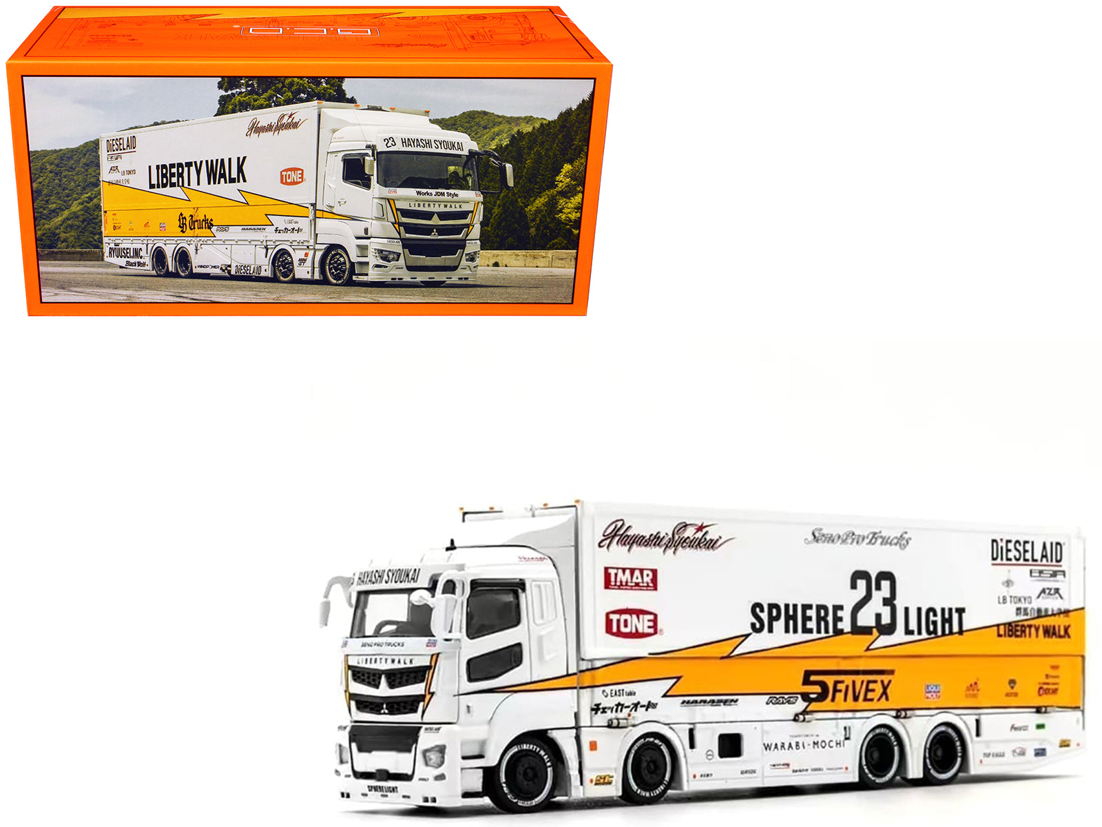 Mitsubishi Fuso Super Great Transporter RHD (Right Hand Drive) #23 "Liberty Walk LB-Trucks" White with Yellow Stripes and Graphics 1/64 Diecast Model by GCD