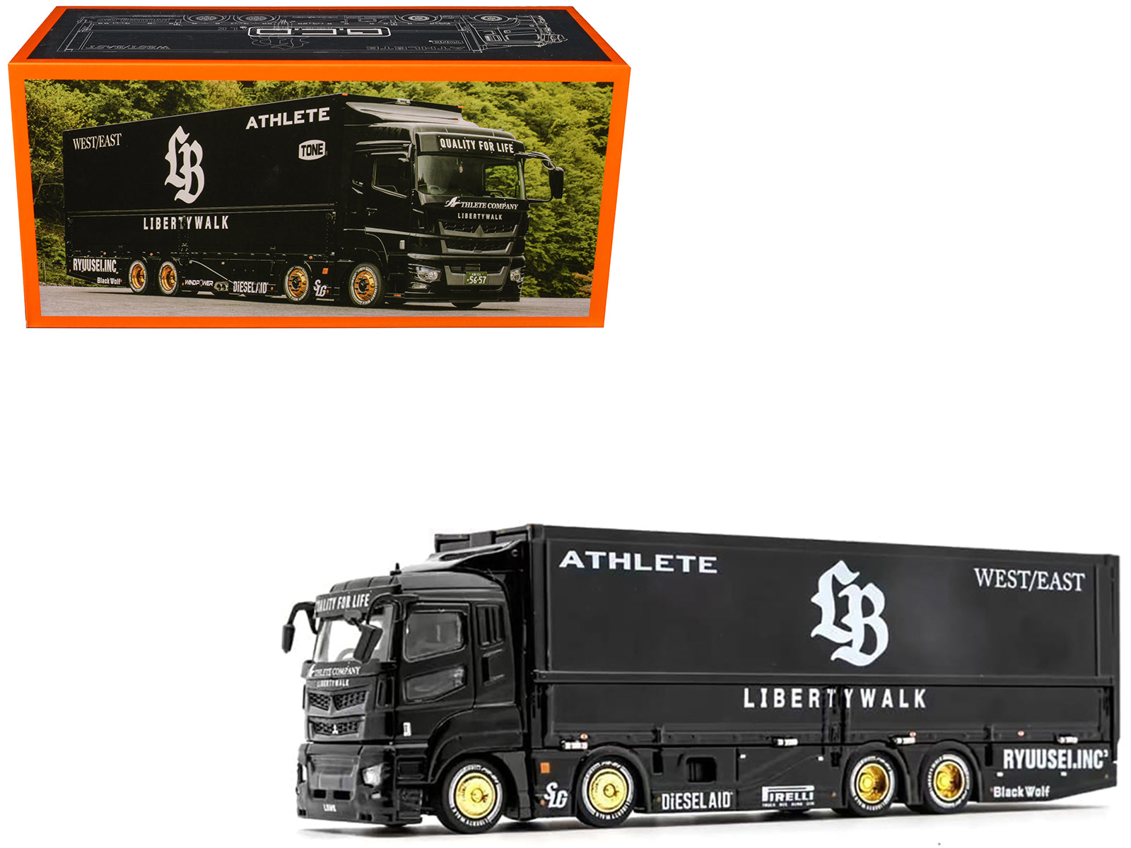 Mitsubishi Fuso Super Great Transporter RHD (Right Hand Drive) "Liberty Walk LB-Trucks" Black with Graphics 1/64 Diecast Model by GCD