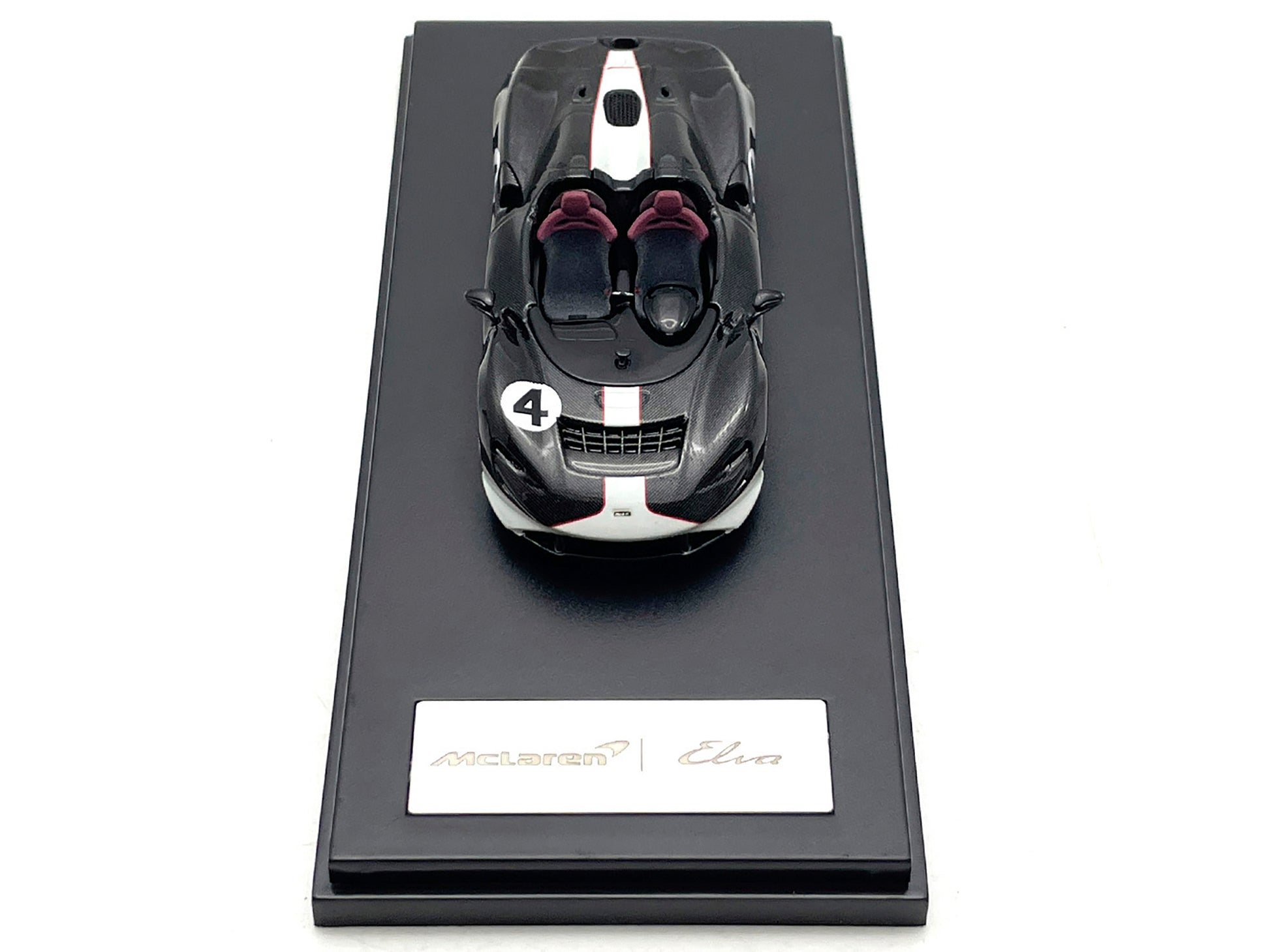 McLaren Elva Convertible #4 Carbon Black with White and Red Stripes 1/64 Diecast Model Car by LCD Models
