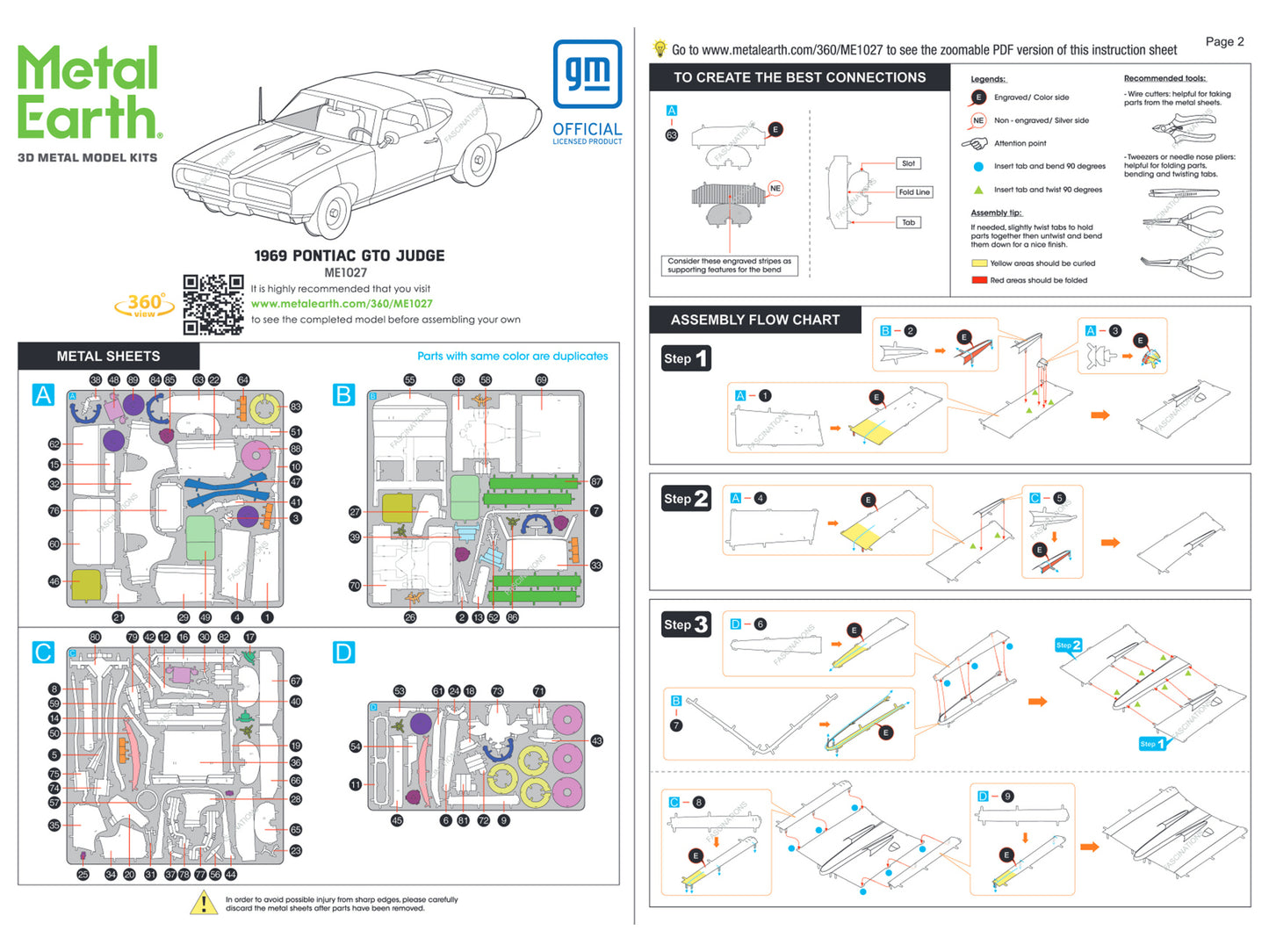Model Kit 1969 Pontiac GTO Judge Orange with Black Stripes (Moderate Difficulty) Steel Model by Metal Earth