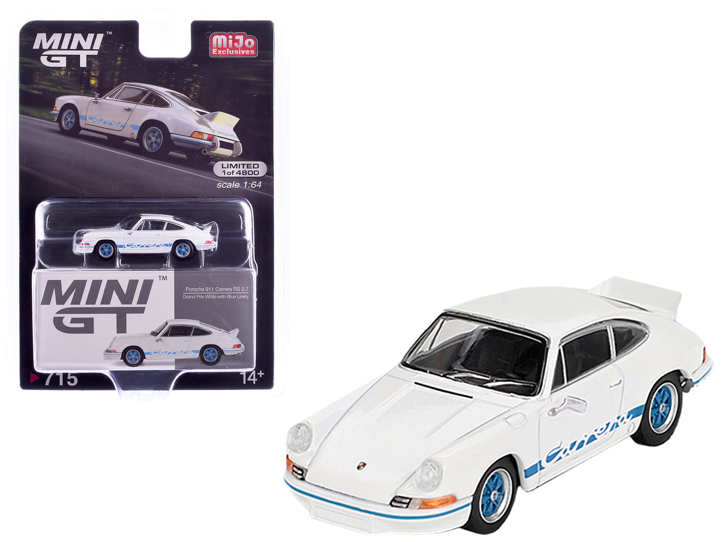 Porsche 911 Carrera RS 2.7 Grand Prix White with Blue Stripes and Wheels Limited Edition to 4800 pieces Worldwide 1/64 Diecast Model Car by Mini GT