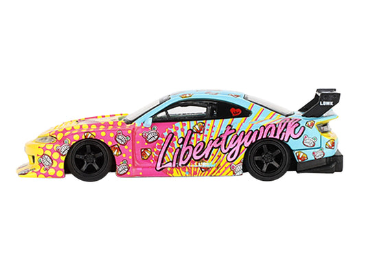 Nissan "LB-Super Silhouette" S15 SILVIA RHD (Right Hand Drive) Yellow and Blue with Pink Graphics "LBWK KUMA" Limited Edition 1/64 Diecast Model Car by Mini GT