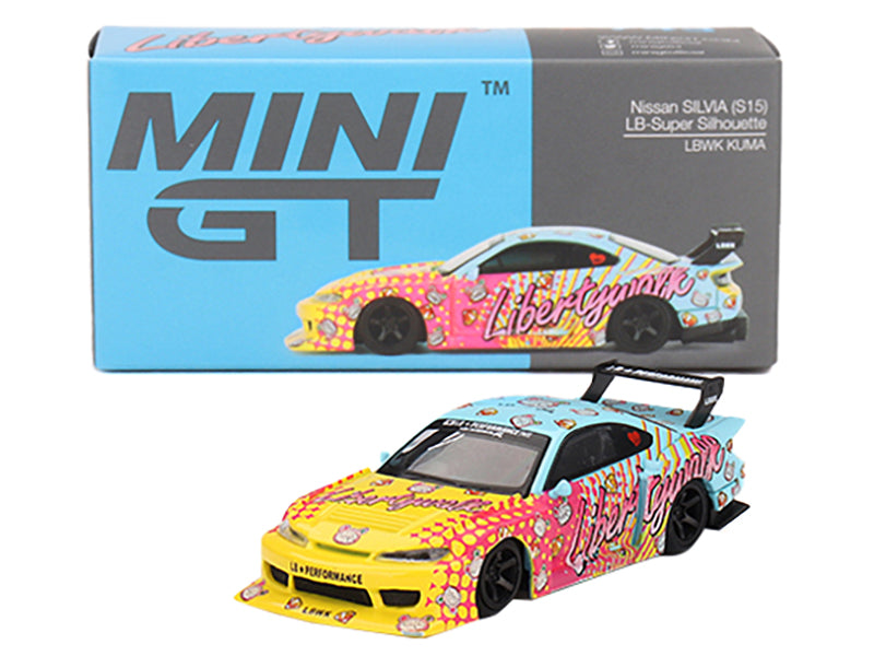 Nissan "LB-Super Silhouette" S15 SILVIA RHD (Right Hand Drive) Yellow and Blue with Pink Graphics "LBWK KUMA" Limited Edition 1/64 Diecast Model Car by Mini GT