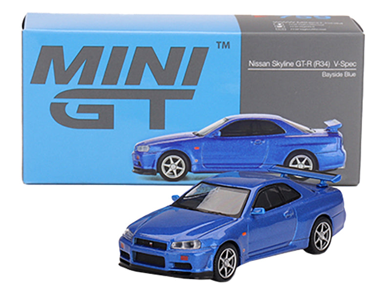Nissan Skyline GT-R (R34) V-Spec RHD (Right Hand Drive) Bayside Blue Metallic Limited Edition 1/64 Diecast Model Car by Mini GT
