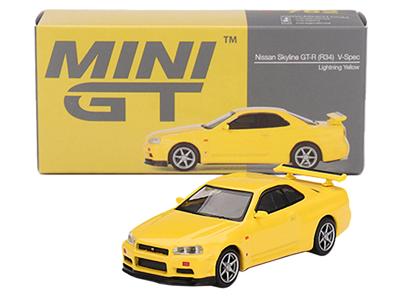 Nissan Skyline GT-R (R34) V-Spec RHD (Right Hand Drive) Lightning Yellow Limited Edition to 7920 pieces Worldwide 1/64 Diecast Model Car by Mini GT