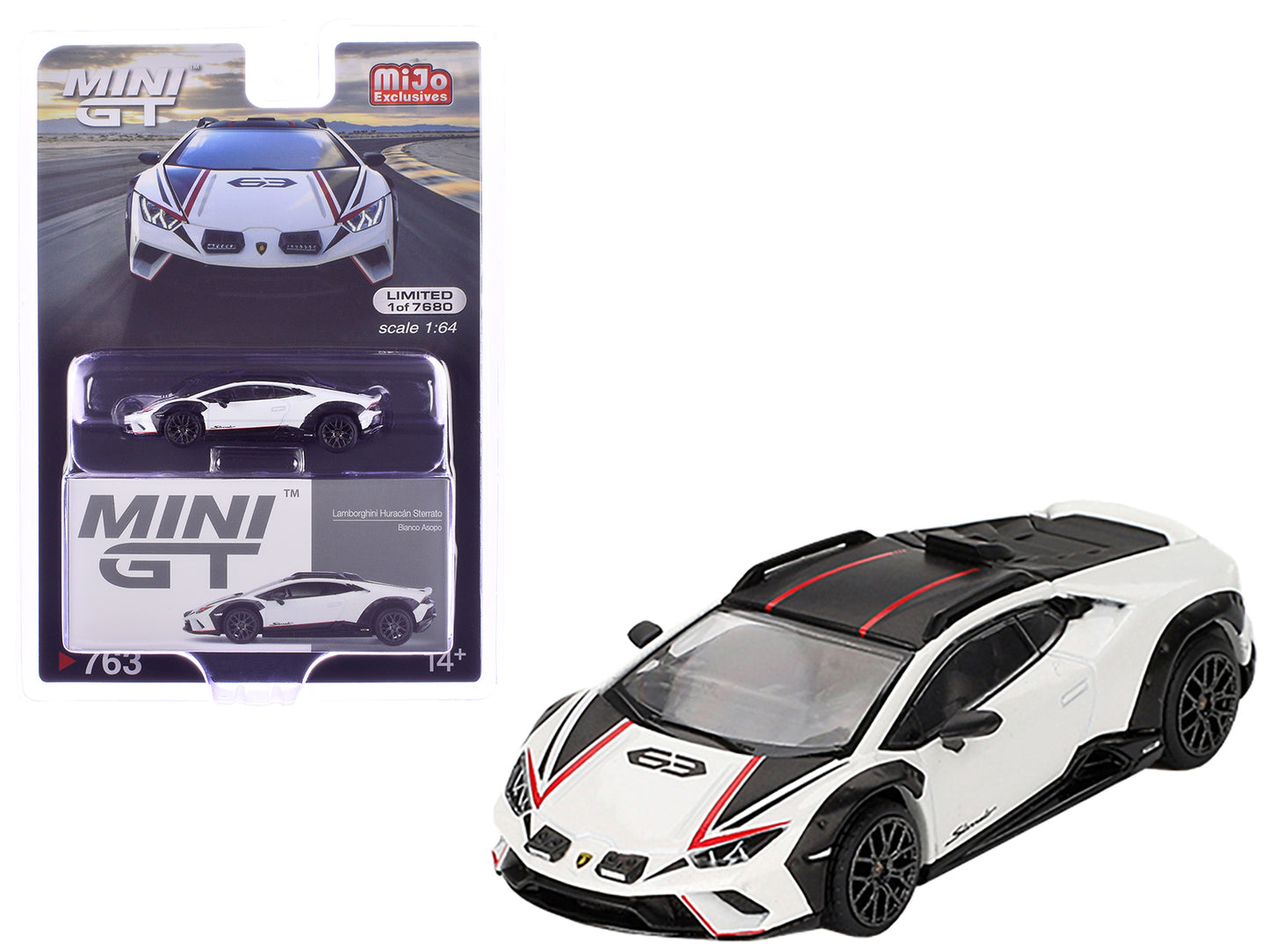 Lamborghini Huracan Sterrato Bianco Asopo White Metallic with Red Stripes and Matt Black Top Limited Edition to 7680 pieces Worldwide 1/64 Diecast Model Car by Mini GT