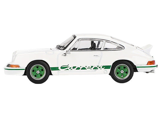 Porsche 911 Carrera RS 2.7 Grand Prix White with Green Stripes and Wheels Limited Edition 1/64 Diecast Model Car by Mini GT