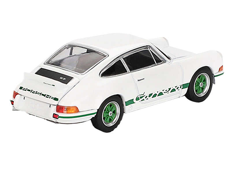 Porsche 911 Carrera RS 2.7 Grand Prix White with Green Stripes and Wheels Limited Edition 1/64 Diecast Model Car by Mini GT
