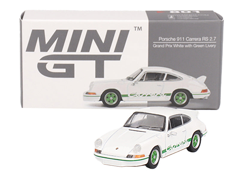 Porsche 911 Carrera RS 2.7 Grand Prix White with Green Stripes and Wheels Limited Edition 1/64 Diecast Model Car by Mini GT