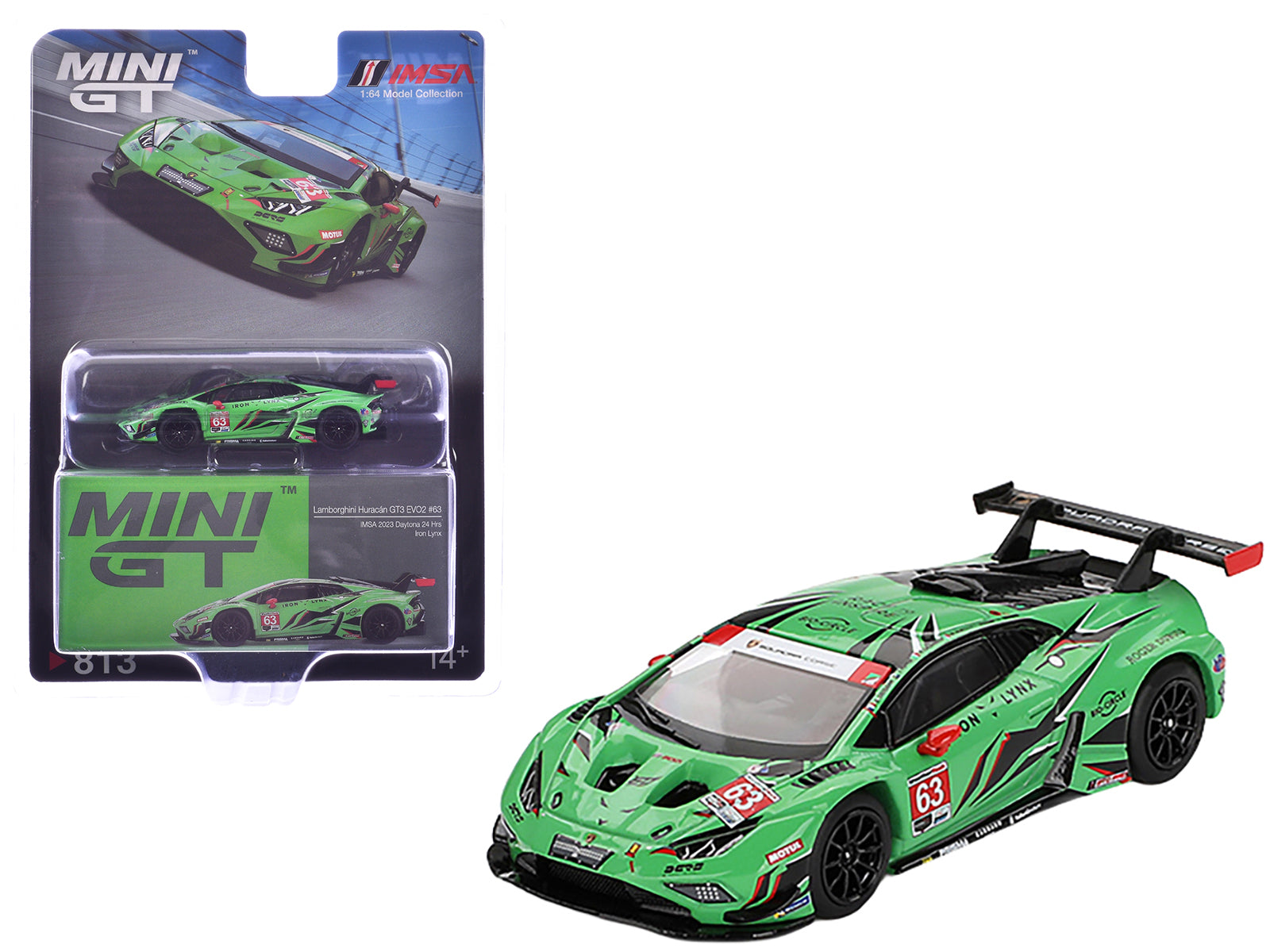 Lamborghini Huracan GT3 EVO2 #63 Mirko Bortolotti - Andrea Caldarelli - Romain Grosjean - Jordan Pepper "Iron Lynx" "24 Hours of Daytona" (2023) Limited Edition 1/64 Diecast Model Car by Mini GT
