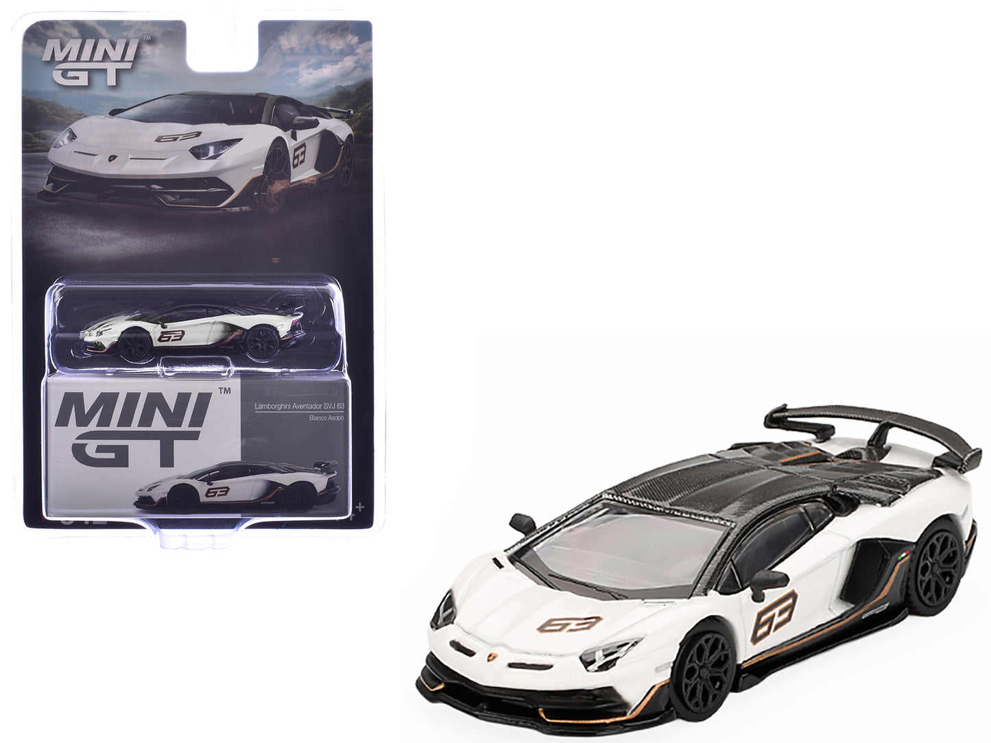 Lamborghini Aventador SVJ 63 Bianco Asopo White with Carbon Top Limited Edition 1/64 Diecast Model Car by Mini GT