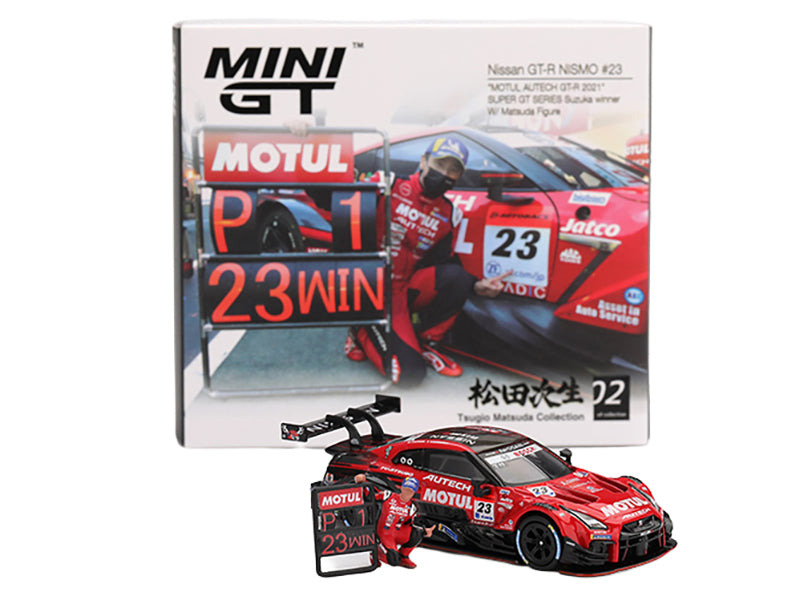 Nissan GT-R NISMO #23 Tsugio Matsuda - Ronnie Quintarelli "MOTUL AUTECH" Winner "Suzuka - Super GT Series" (2021) with Matsuda Figure Limited Edition 1/64 Diecast Model Car by Mini GT