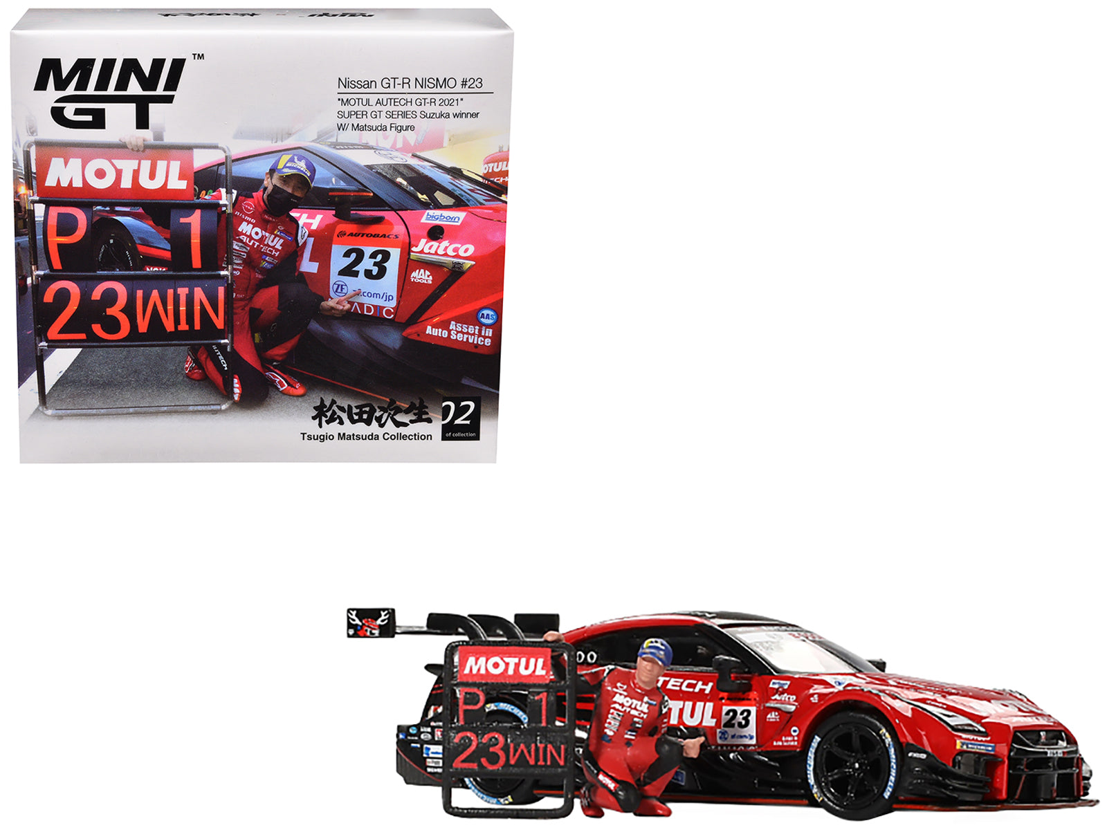 Nissan GT-R NISMO #23 Tsugio Matsuda - Ronnie Quintarelli "MOTUL AUTECH" Winner "Suzuka - Super GT Series" (2021) with Matsuda Figure Limited Edition 1/64 Diecast Model Car by Mini GT