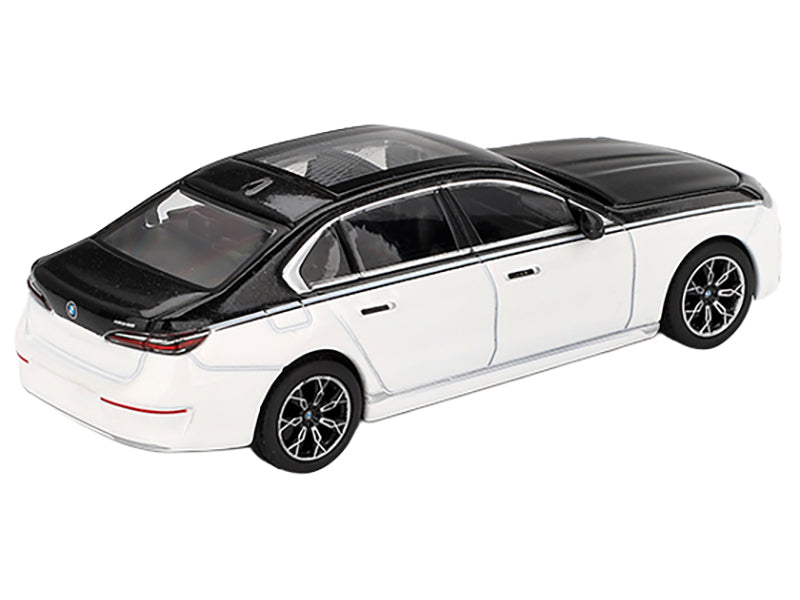 BMW i7 xDrive60 Dravit Alpine White and Black Sapphire Limited Edition 1/64 Diecast Model Car by Mini GT