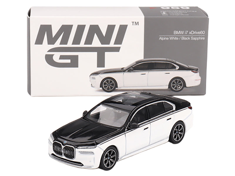 BMW i7 xDrive60 Dravit Alpine White and Black Sapphire Limited Edition 1/64 Diecast Model Car by Mini GT