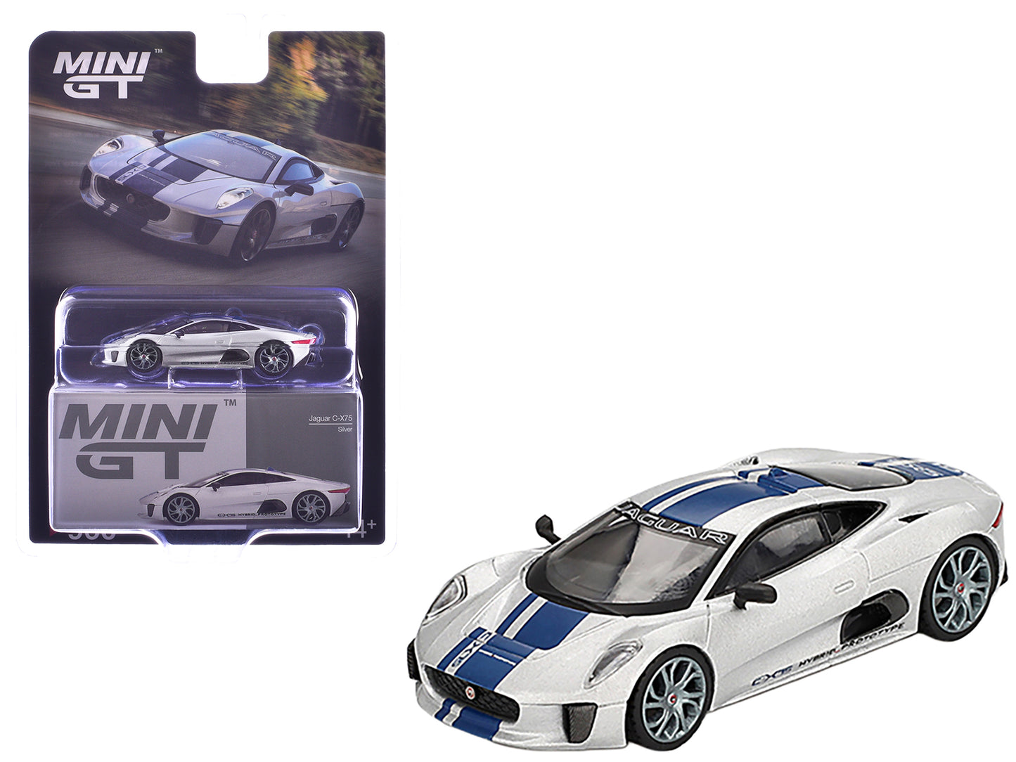 Jaguar C-X75 Silver Metallic with Blue Stripes Limited Edition 1/64 Diecast Model Car by Mini GT